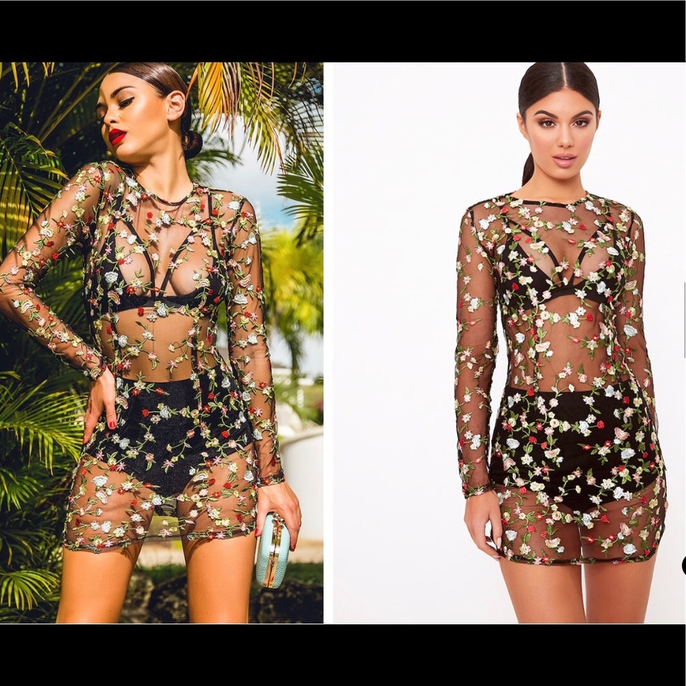 Black Embroidered floral sheer mini dress